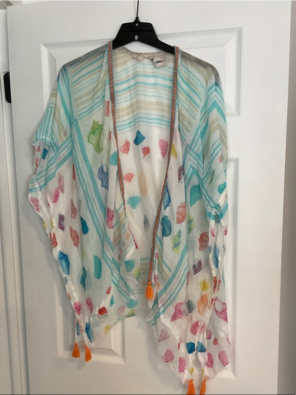Soft Surroundings Shell-Print Sheer Kimono in Aqua, Orange, Pink